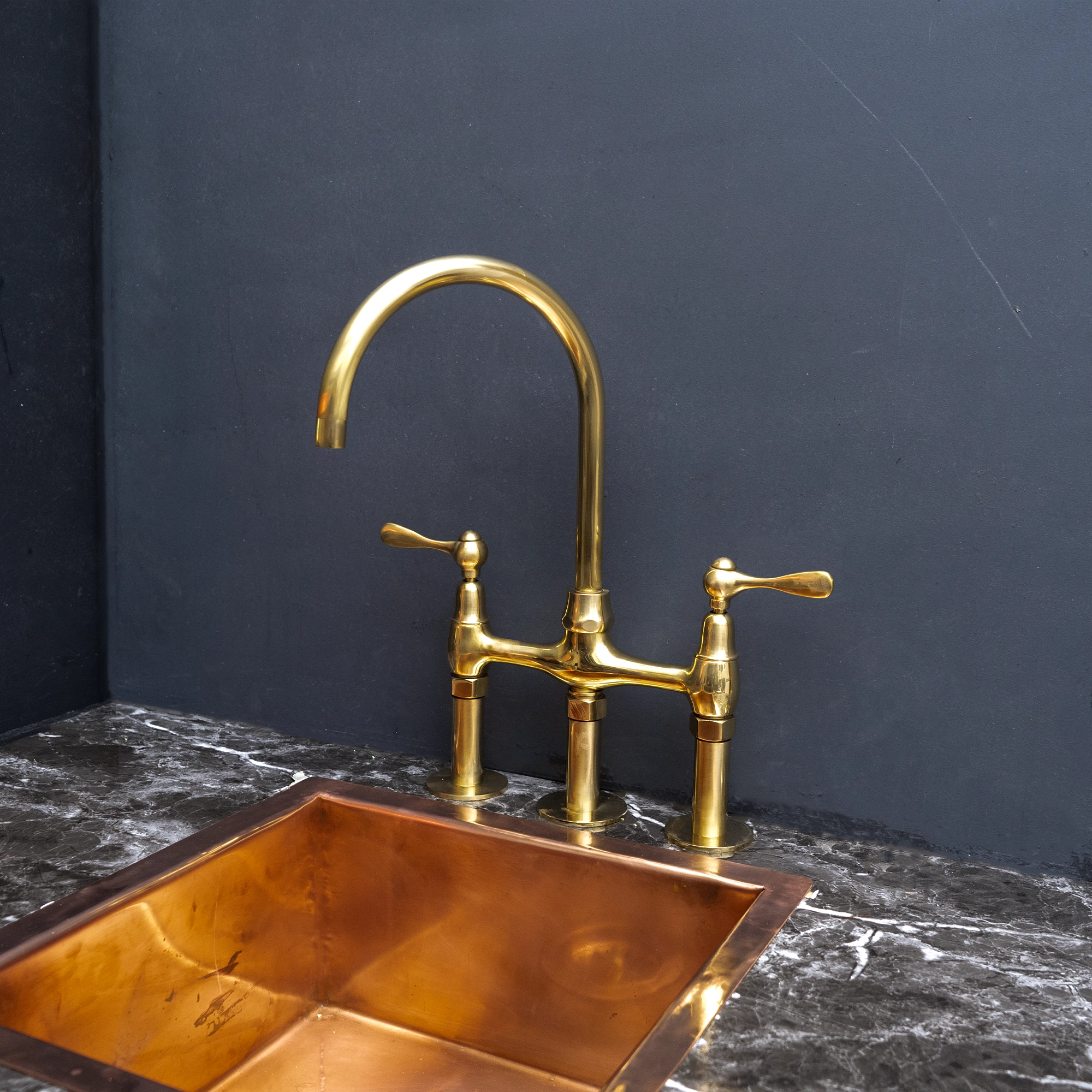 Unlacquered Brass Bathroom Faucet Bridge | Brassna The Spread Bridge