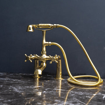 Unlacquered Brass Wall Mount Bath Tub Filler, Brass Bathroom Wall Mounted Bathtub Faucet With Telephone Hand Shower Unpainted Brass Deck Mount Tub Filler