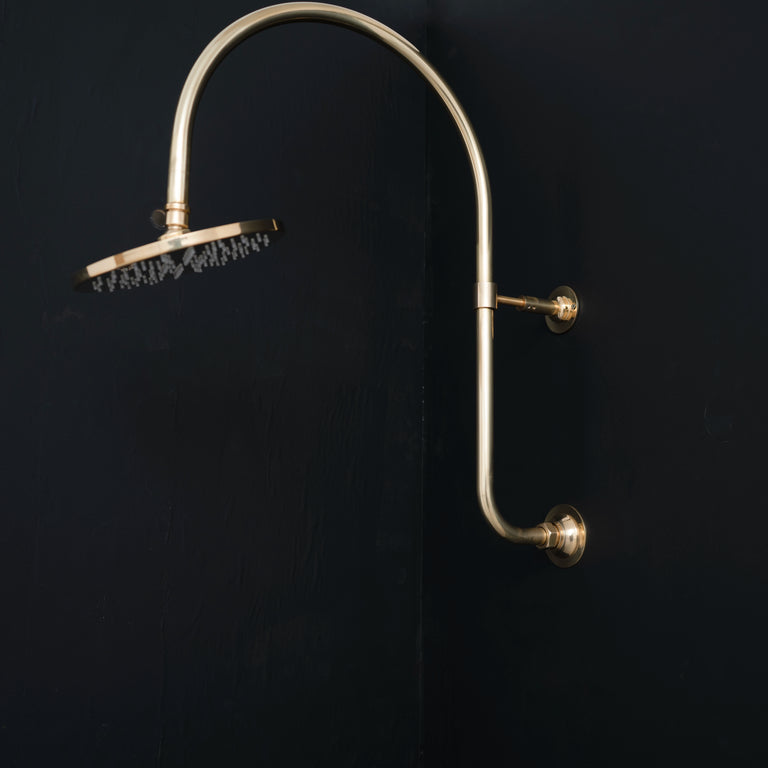 Handcrafted Solid Brass Shower Head And handheld Set, Unlacquered Brass Rain Shower Set With Curved Arm and Rectangular Backplate Shower Head And handheld Set