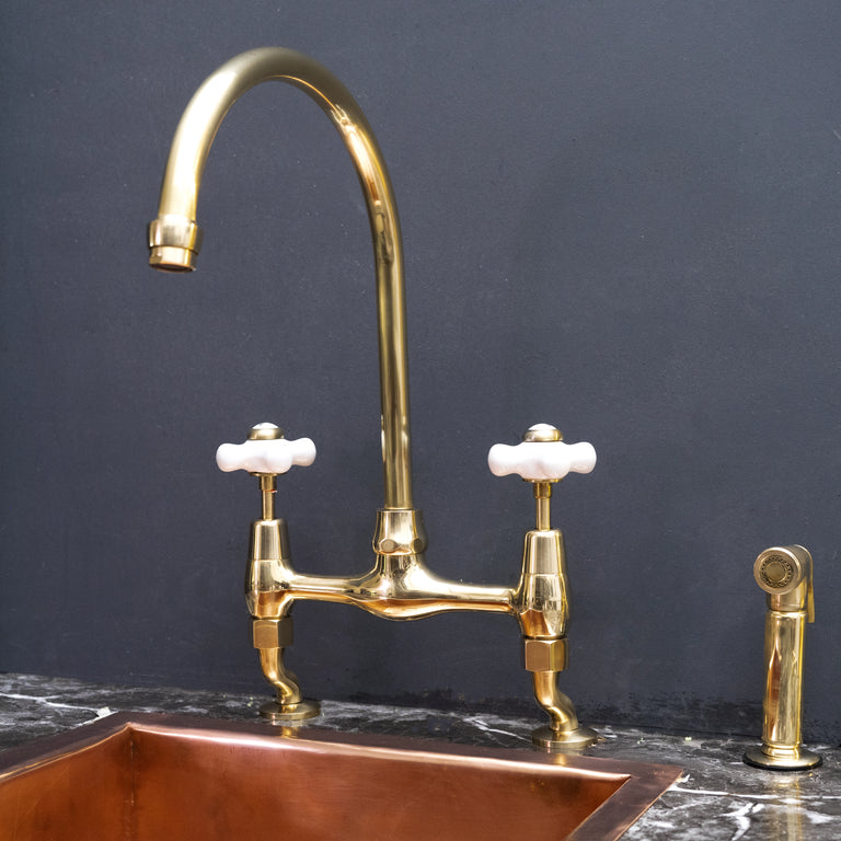  Unlacquered Brass Curved Legs Bridge Faucet, 8