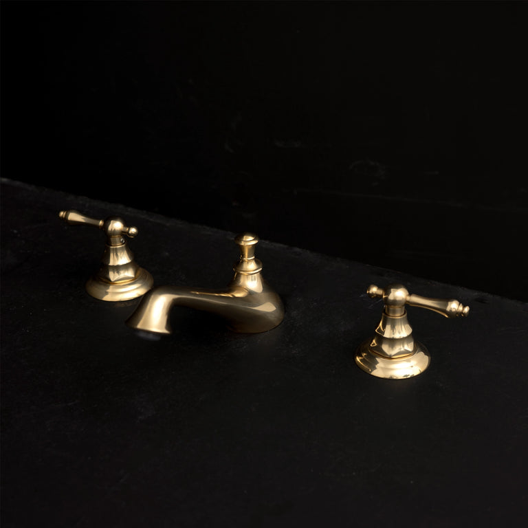Unlacquered Brass 3 Holes Bathroom Faucet, Deck Mounted 3 Holes Bathroom Faucet Short Spout Deck Mount Faucet