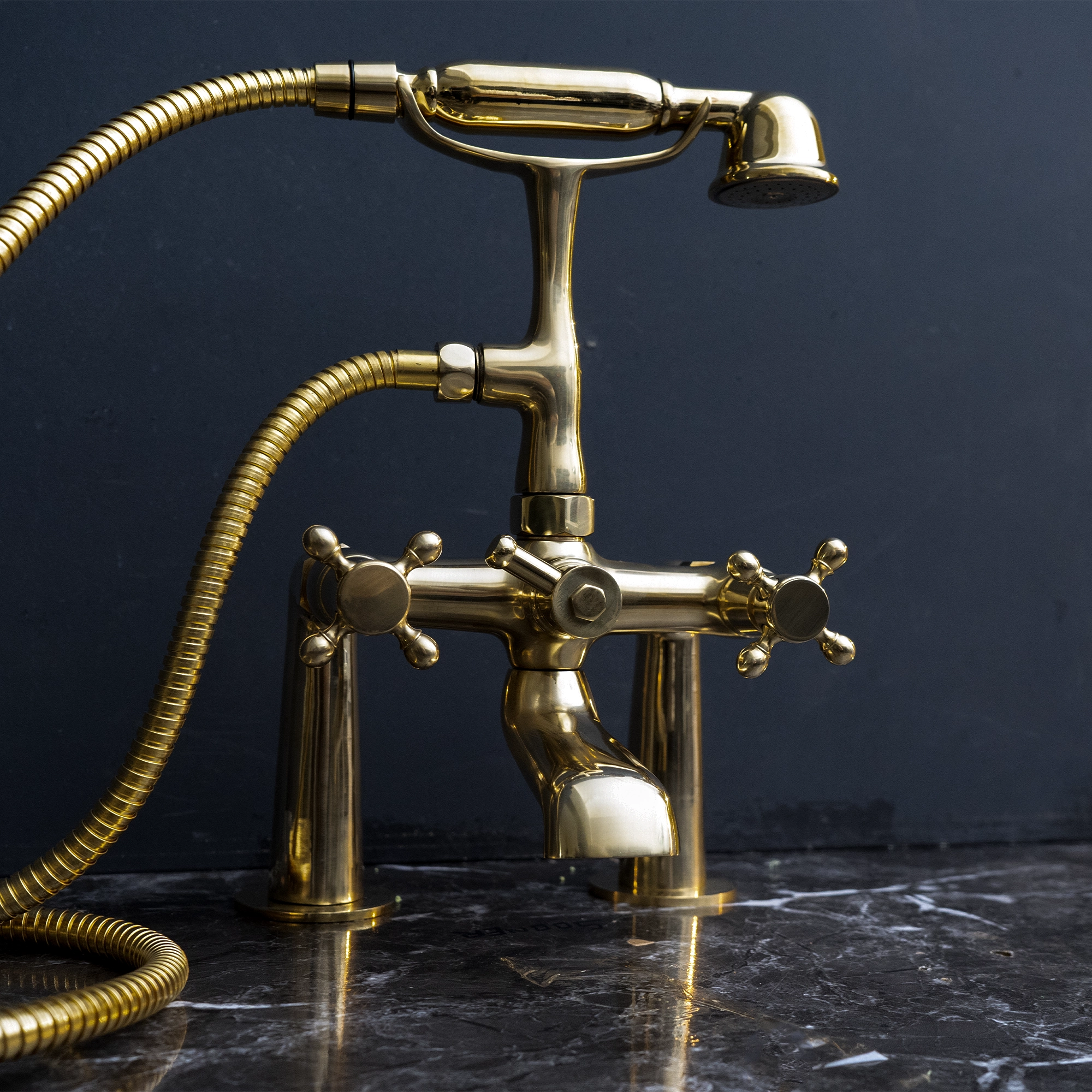 Unlacquered Brass Wall Mount Bath Tub Filler, Brass Bathroom Wall Mounted Bathtub Faucet With Telephone Hand Shower Unpainted Brass Deck Mount Tub Filler