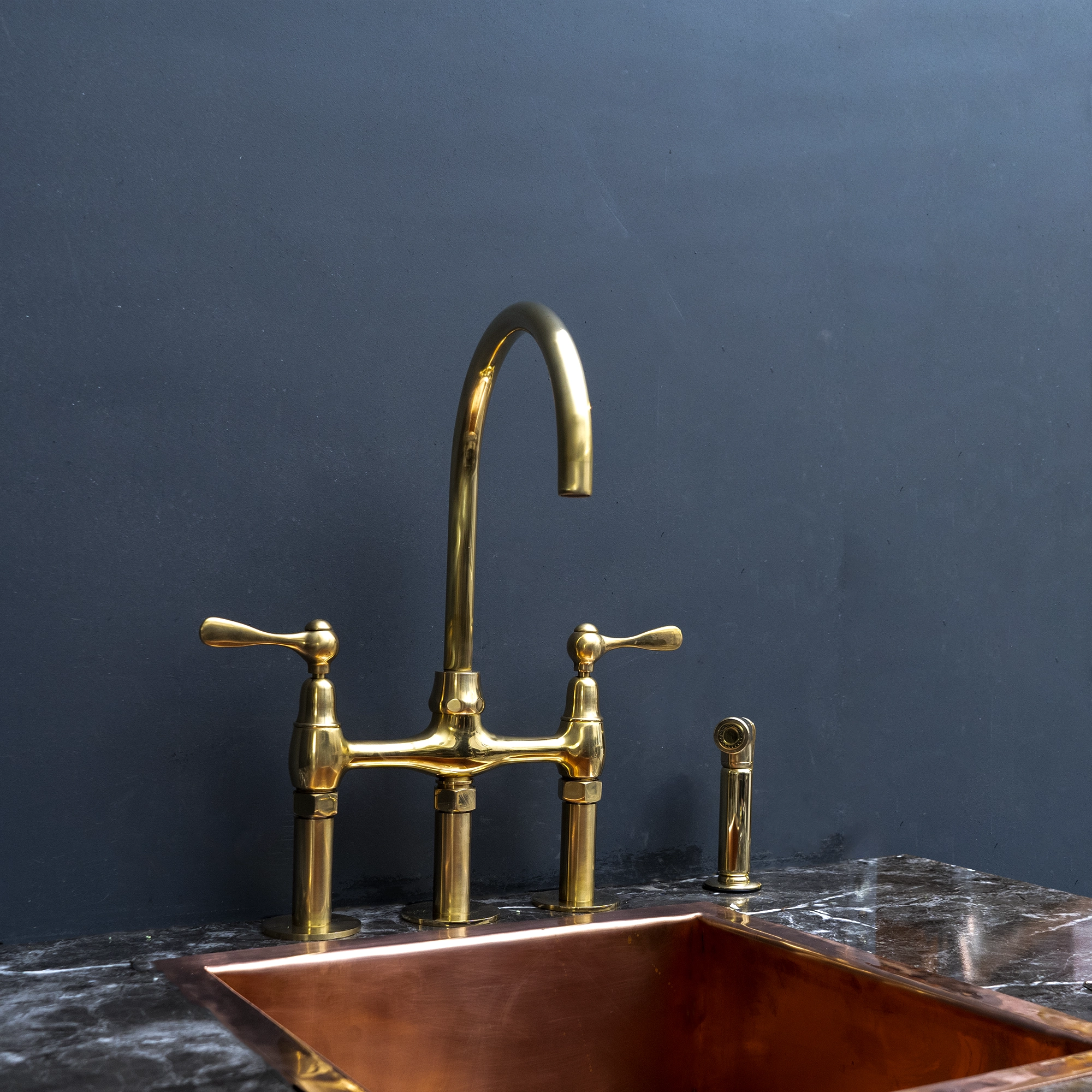 Unlacquered Brass Bathroom Faucet Bridge | Brassna The Spread Bridge