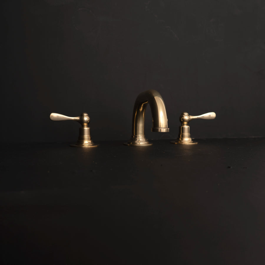 Unlacquered Brass Deck Mounted Sink Faucet, Widespread 3 Holes Bath Faucet 3 holes Bathroom Faucet