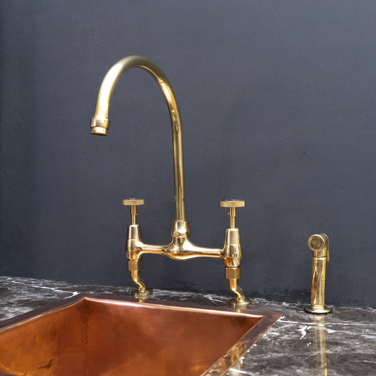 Unlacquered Brass Curved Legs Bridge Faucet, 8