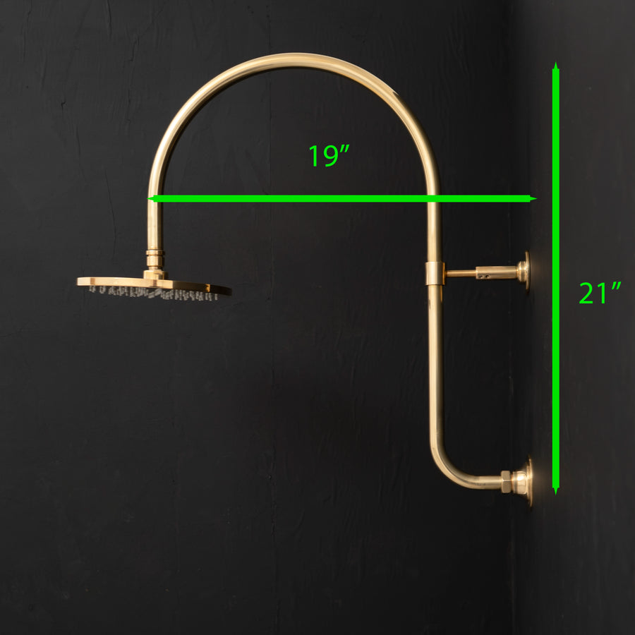 Handcrafted Solid Brass Shower Head And handheld Set, Unlacquered Brass Rain Shower Set With Curved Arm and Rectangular Backplate Shower Head And handheld Set