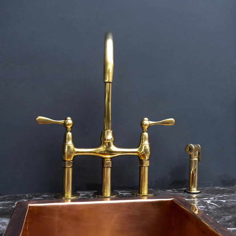 Unlacquered Brass 3 Holes Kitchen Bridge Faucet With Side Sprayer, Three Legs Countertop Bridge Kitchen Faucet  Unpainted Brass 3 Holes Bridge Faucet