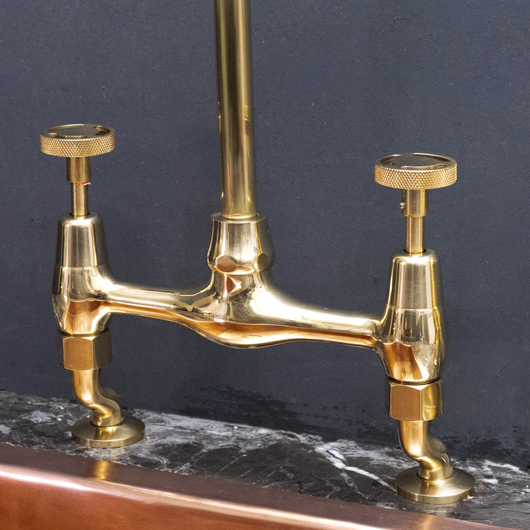  Unlacquered Brass Curved Legs Bridge Faucet, 8
