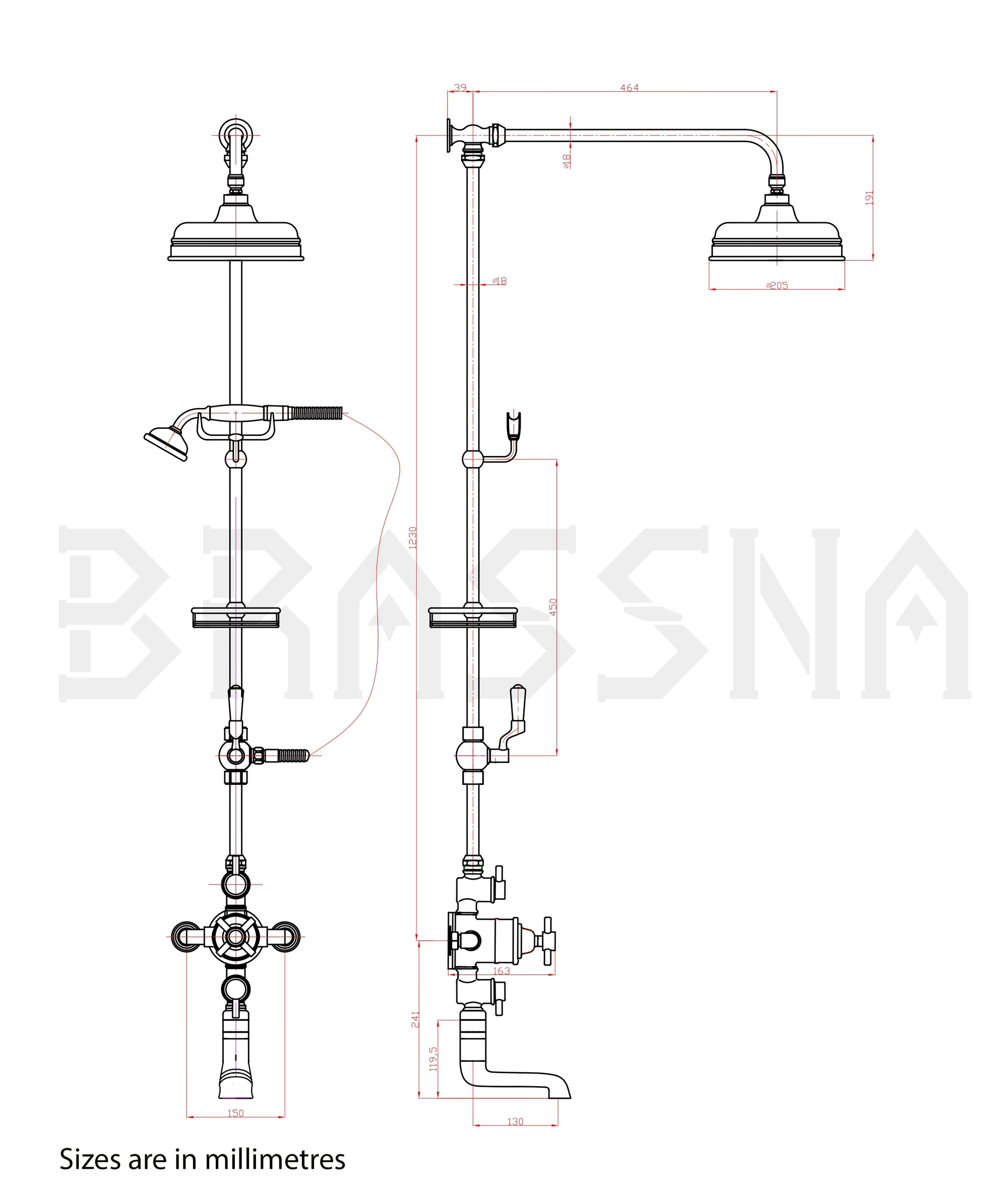 Handcrafted Solid Brass All-in-One Thermostatic Shower System - Detail View | Brassna