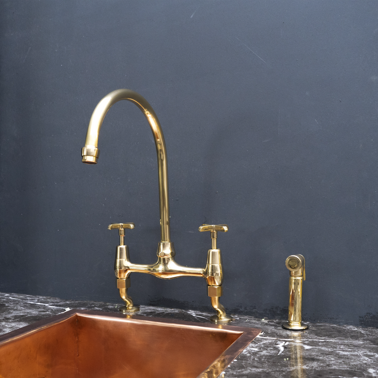  Unlacquered Brass Curved Legs Bridge Faucet, 8