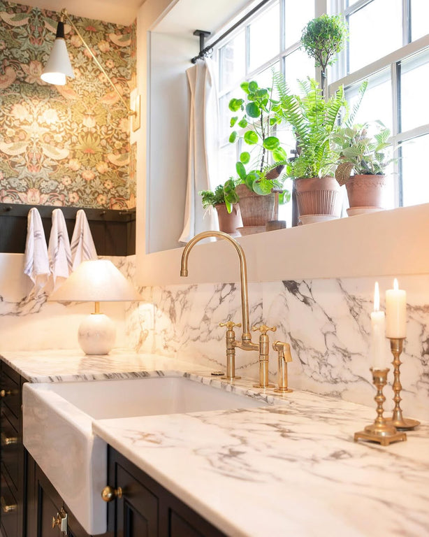 Gooseneck Kitchen Bridge Faucet With Flat Cross Handles, Brass Faucet with customizable spout reach and length Malmo Brass Bridge Faucet