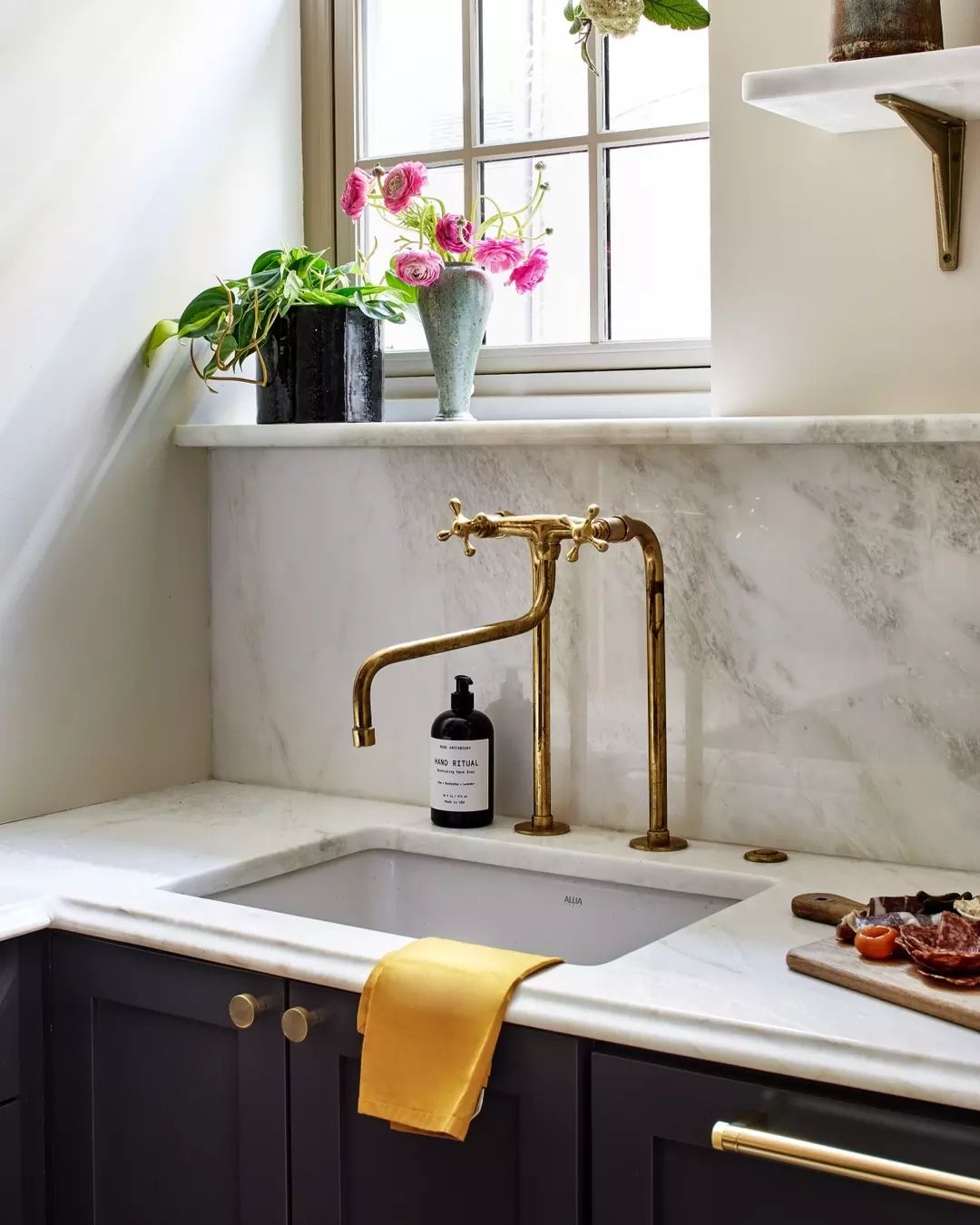Handcrafted Brass Kitchen Faucet with two legs and Side Sprayer - downward spout Unpainted Brass Kitchen Faucet