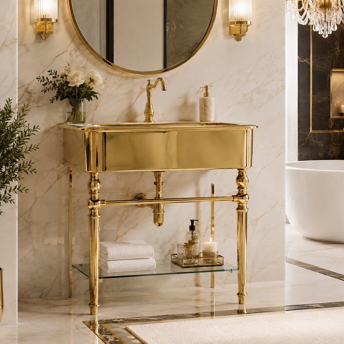 Polished Brass Solid Brass Console Sink Washstand - Brassna