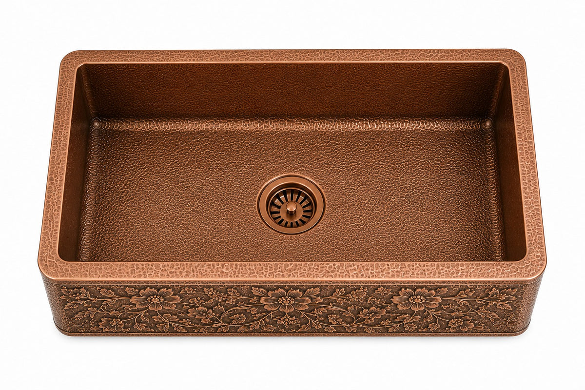 Antique Copper Solid Copper Farmhouse Sink Embossed - Brassna (view 3)