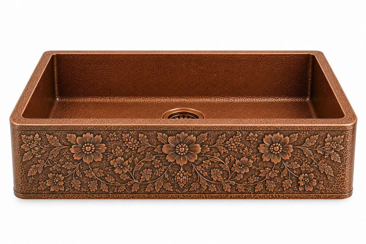 Antique Copper Solid Copper Farmhouse Sink Embossed - Brassna (view 5)