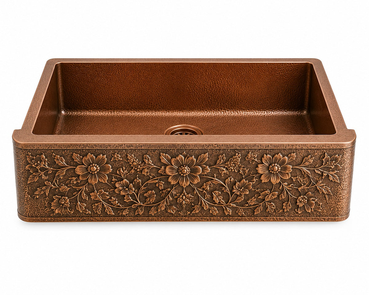 Antique Copper Solid Copper Farmhouse Sink Embossed - Brassna (view 2)