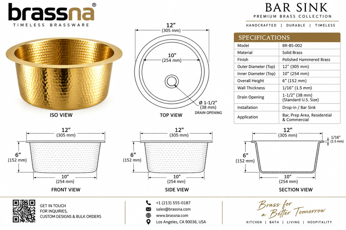 Unlacquered Brass Solid Brass Bar Sink Hammered - Brassna (view 5)