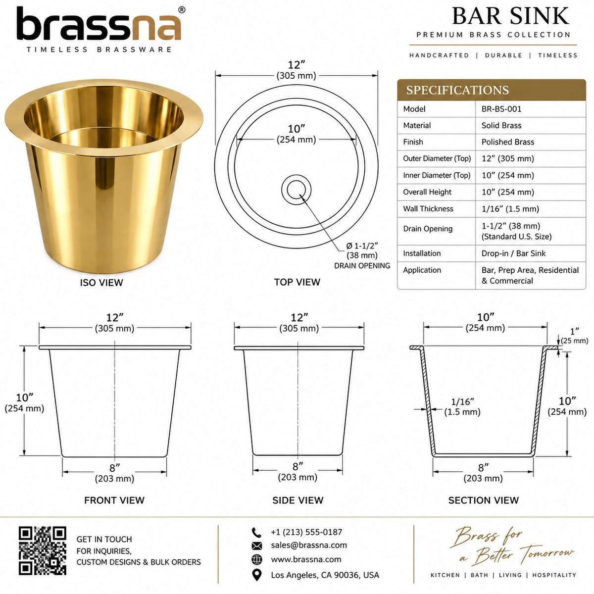 Unlacquered Brass Solid Brass Prep Sink Smooth - Brassna (view 5)