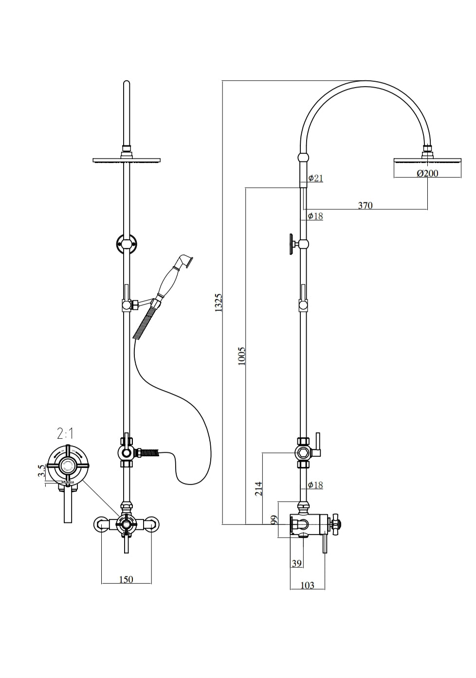 Handcrafted Solid Brass Traditional Dual Control Exposed Thermostatic Shower Set Shower System - Detail View | Brassna