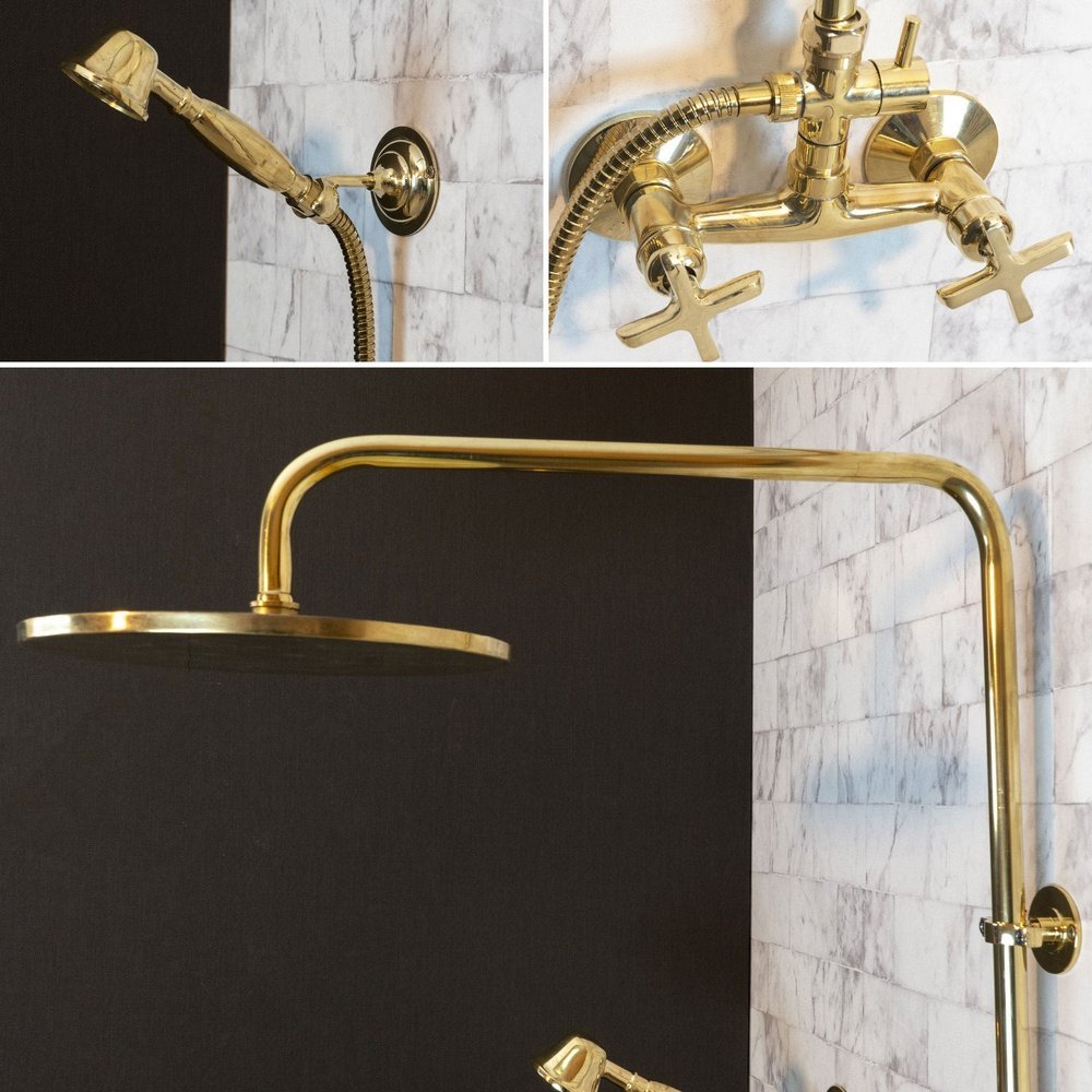 Antique Brass Exposed shower Head with Handheld, Brass Shower System, Round Shower Head BrillianceLine Exposed shower Set