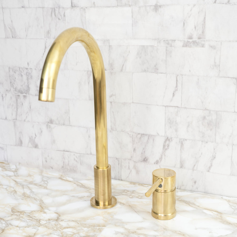  Antique Brass Gooseneck Bathroom Faucet, Unlacquered Brass Deck Mounted Basin Faucet Gleam Lavatory faucet