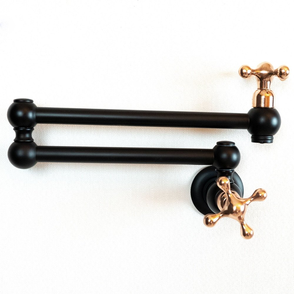 Black Brass Pot Filler Kitchen Faucet With Copper Cross Handles, Unlacquered Solid Brass Kitchen Faucet with Copper Handle Lux Line Pot Filler Faucet