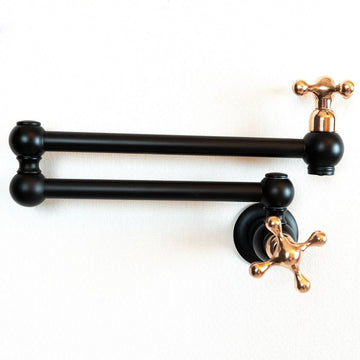 Black Brass Pot Filler Kitchen Faucet With Copper Cross Handles, Unlacquered Solid Brass Kitchen Faucet with Copper Handle Lux Line Pot Filler Faucet