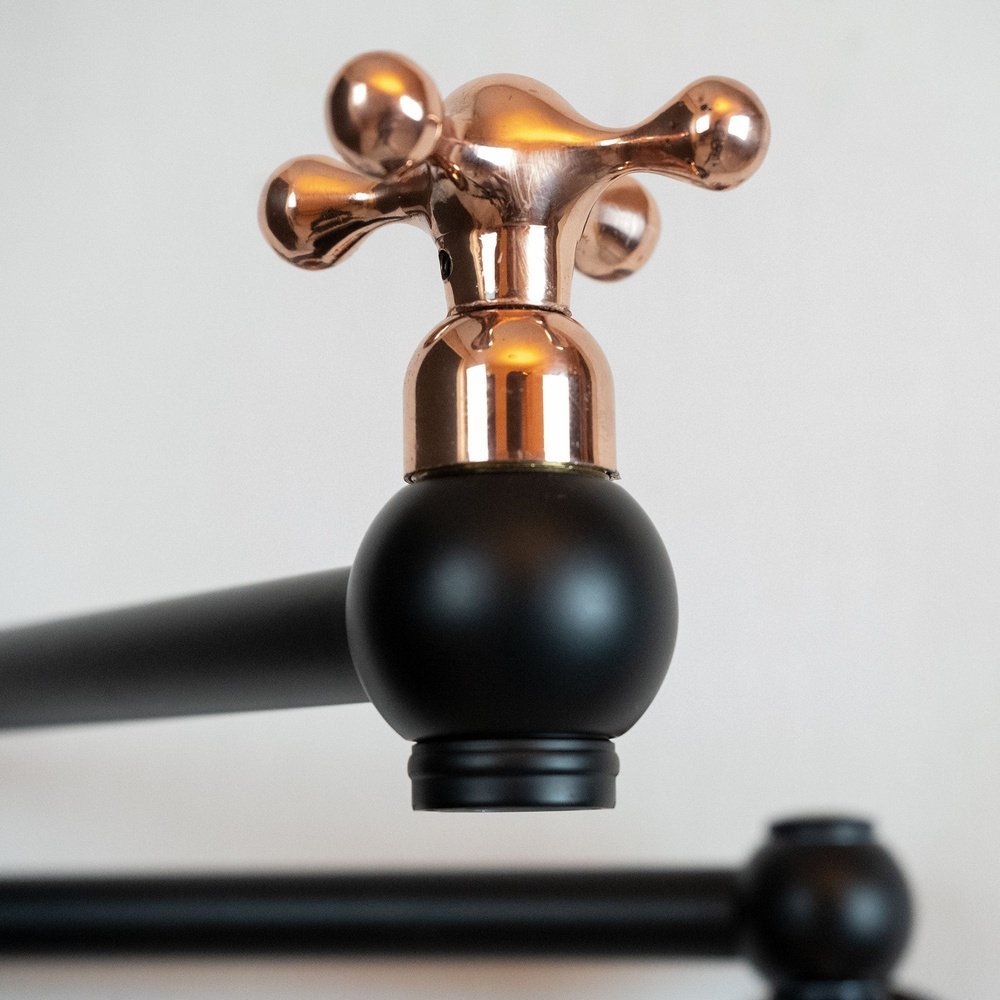 Black Brass Pot Filler Kitchen Faucet With Copper Cross Handles, Unlacquered Solid Brass Kitchen Faucet with Copper Handle Lux Line Pot Filler Faucet