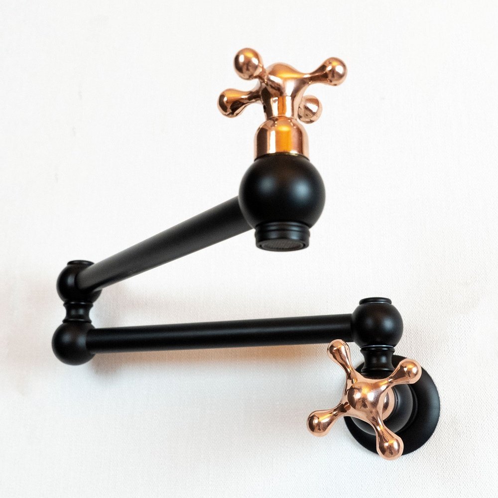 Black Brass Pot Filler Kitchen Faucet With Copper Cross Handles, Unlacquered Solid Brass Kitchen Faucet with Copper Handle Lux Line Pot Filler Faucet