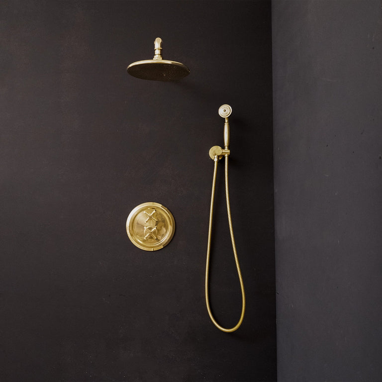Antique Brass Concealed Shower Head With Arm And Hand Shower ThermoFlex Shower System