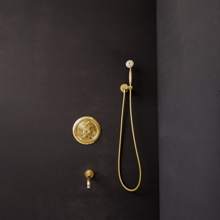 Antique Brass Concealed Shower Head With Arm And Hand Shower ThermoFlex Shower System