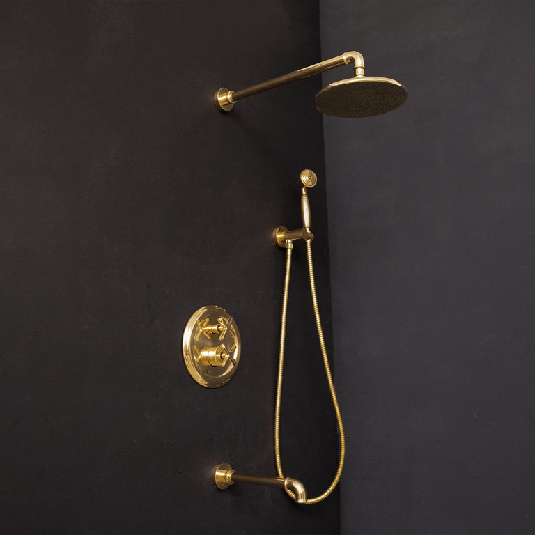 Antique Brass Concealed Shower Head With Arm And Hand Shower ThermoFlex Shower System