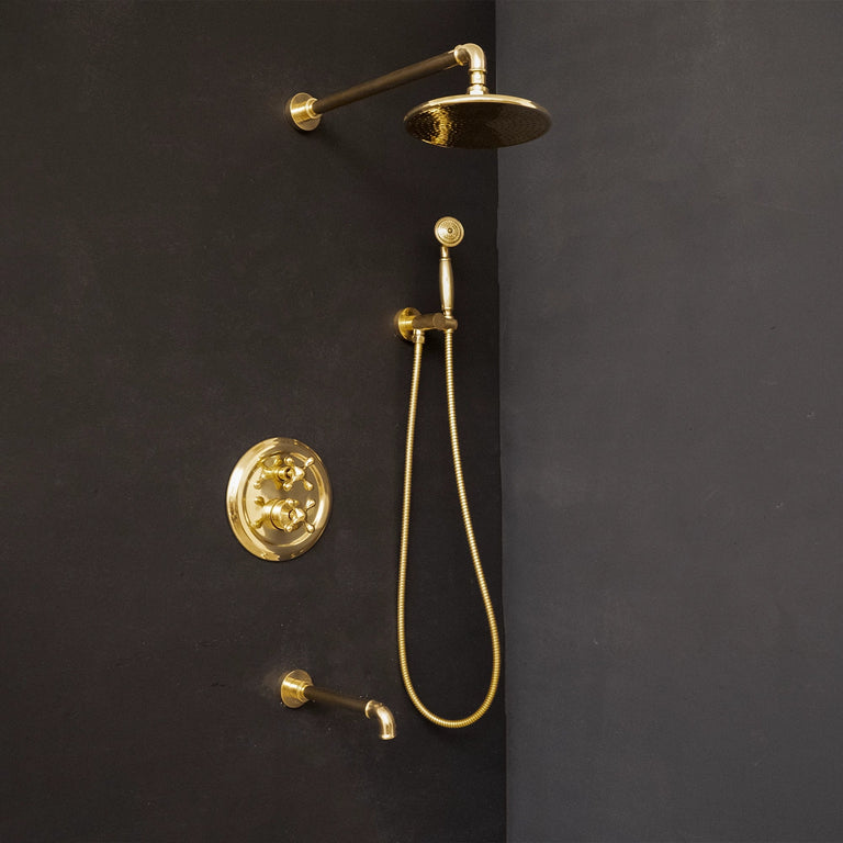 Antique Brass Concealed Shower Head With Arm And Hand Shower ThermoFlex Shower System