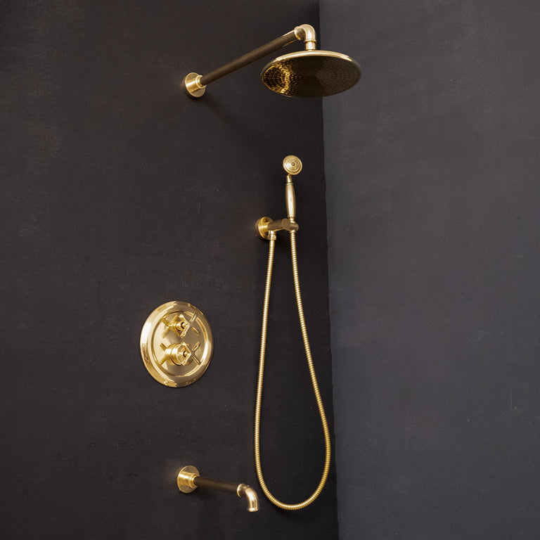 Antique Brass Concealed Shower Head With Arm And Hand Shower ThermoFlex Shower System