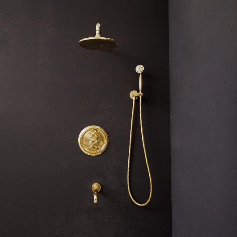 Antique Brass Concealed Shower Head With Arm And Hand Shower ThermoFlex Shower System