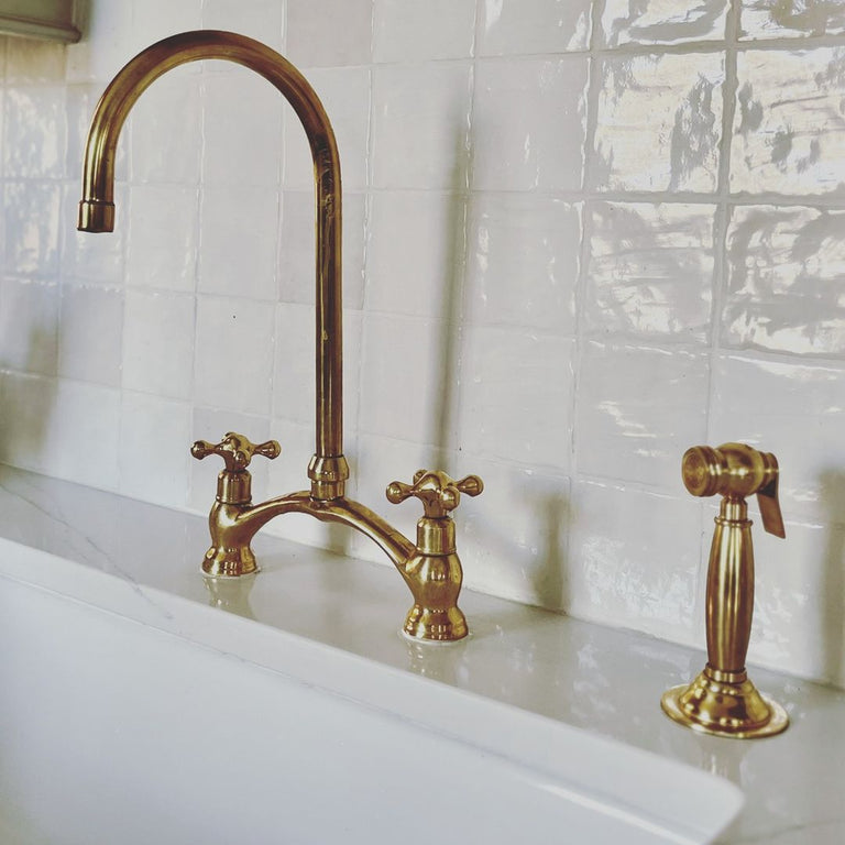Unlacquered Brass Kitchen Bridge Faucet Vectorian Style, Handmade Antique Brass Kitchen Faucet Victorian Kitchen faucet