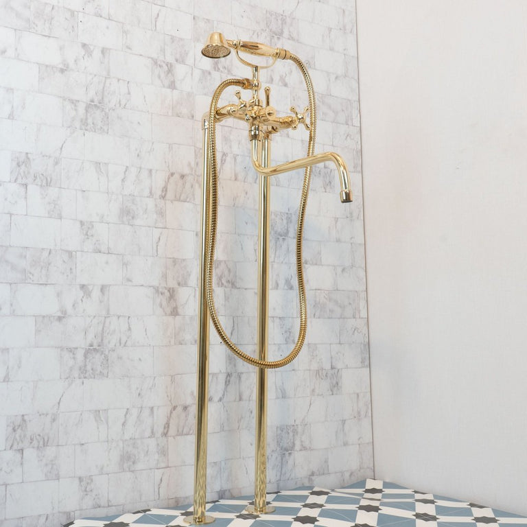 Brass Freestanding Tub Filler With Hand Held, Unlacquered Brass Bath Tub Brassna Downward Tub Filler