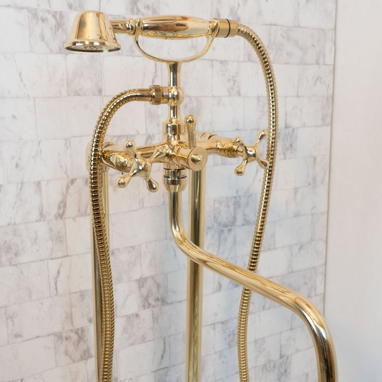 Brass Freestanding Tub Filler With Hand Held, Unlacquered Brass Bath Tub Brassna Downward Tub Filler