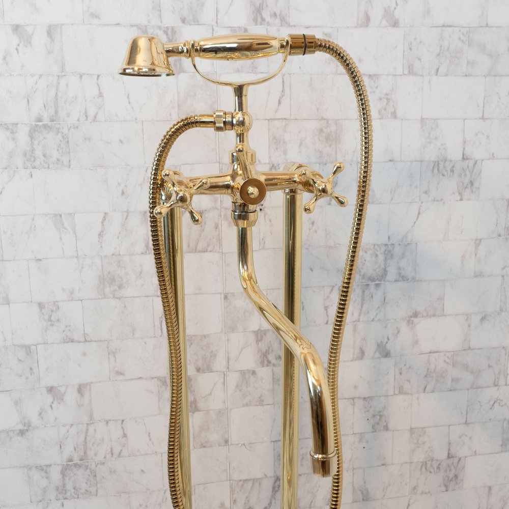 Brass Freestanding Tub Filler With Hand Held, Unlacquered Brass Bath Tub RefineLux Tub Filler Faucet