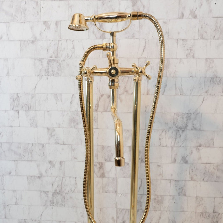 Brass Freestanding Tub Filler With Hand Held, Unlacquered Brass Bath Tub Brassna Downward Tub Filler