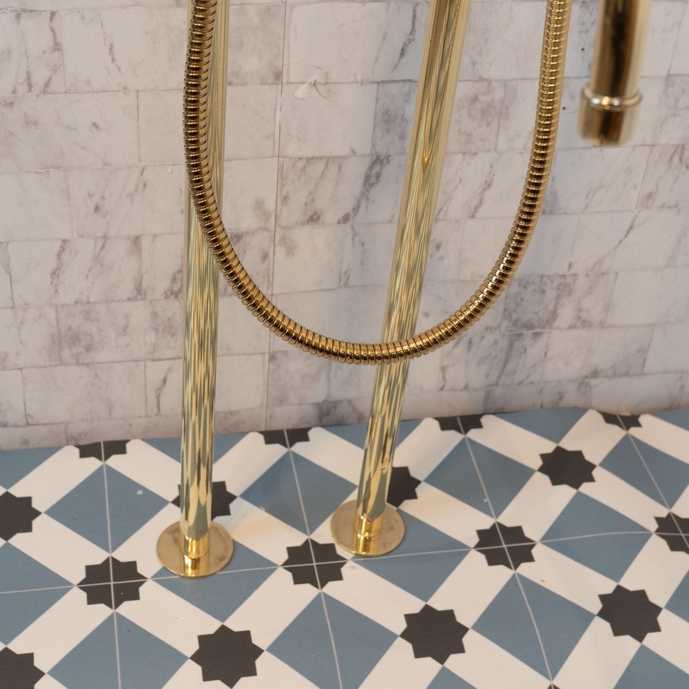 Brass Freestanding Tub Filler With Hand Held, Unlacquered Brass Bath Tub Brassna Downward Tub Filler