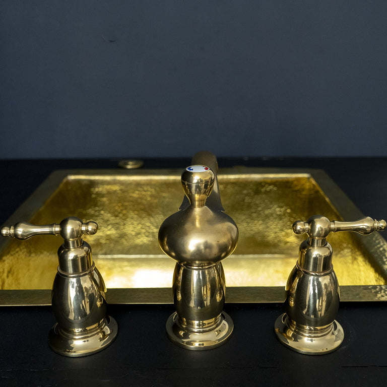 Deck Mounted Unlacquered Brass Bathroom Faucet with 3 Holes, Traditional Bathroom Faucet with 3 Holes in Unlacquered Brass Deck Mounted Faucet SP