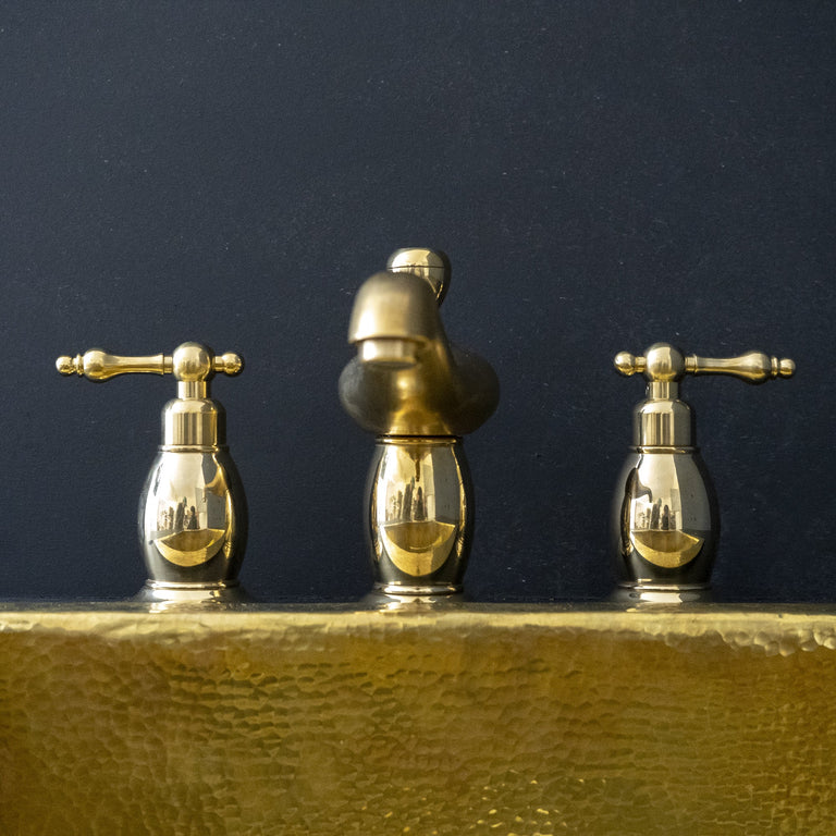 Deck Mounted Unlacquered Brass Bathroom Faucet with 3 Holes, Traditional Bathroom Faucet with 3 Holes in Unlacquered Brass Deck Mounted Faucet