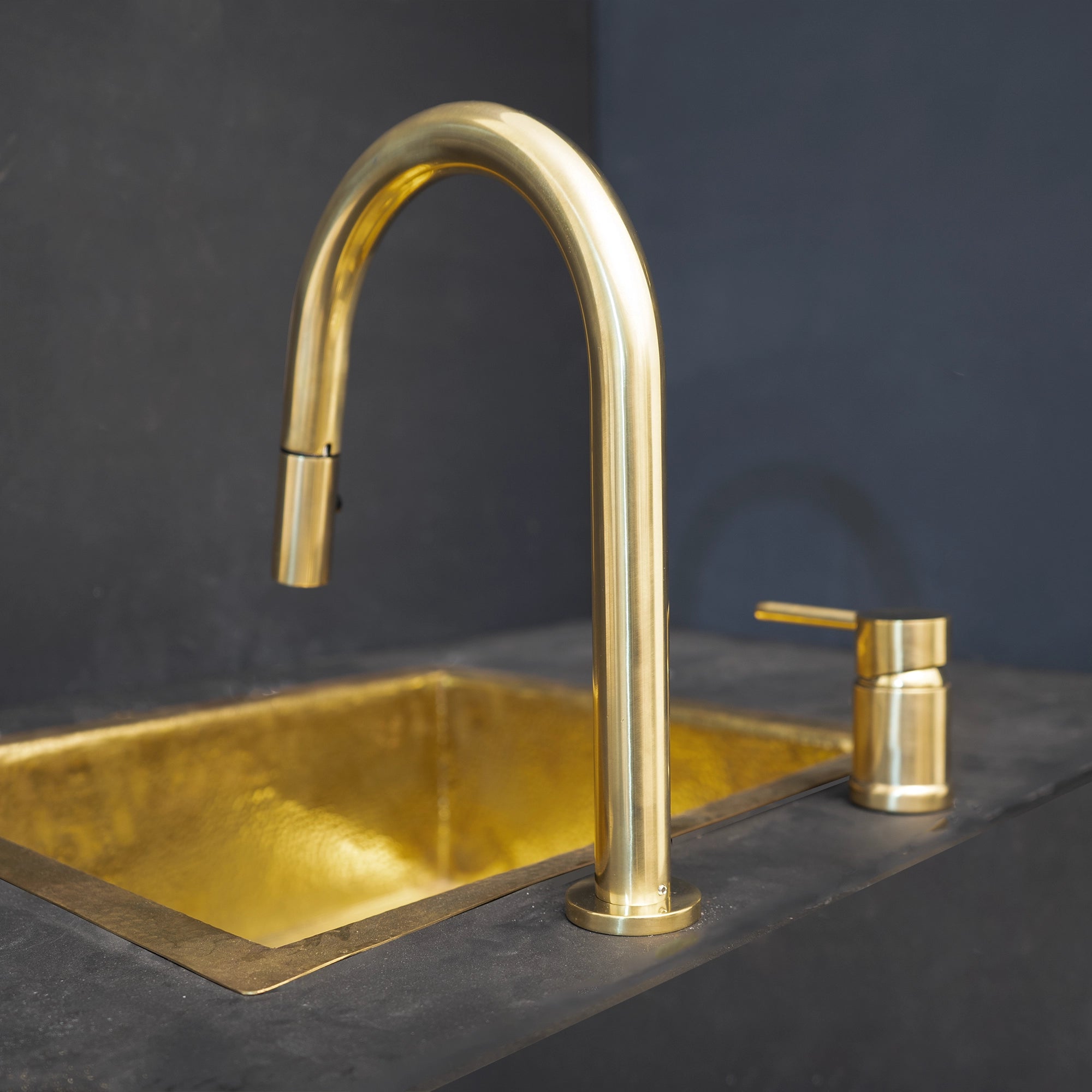 Handcrafted Solid Brass Deck Kitchen Faucet | Brassna Deck Mounted Unlacquered Brass Single Handle Pull-Down Kitchen Faucet