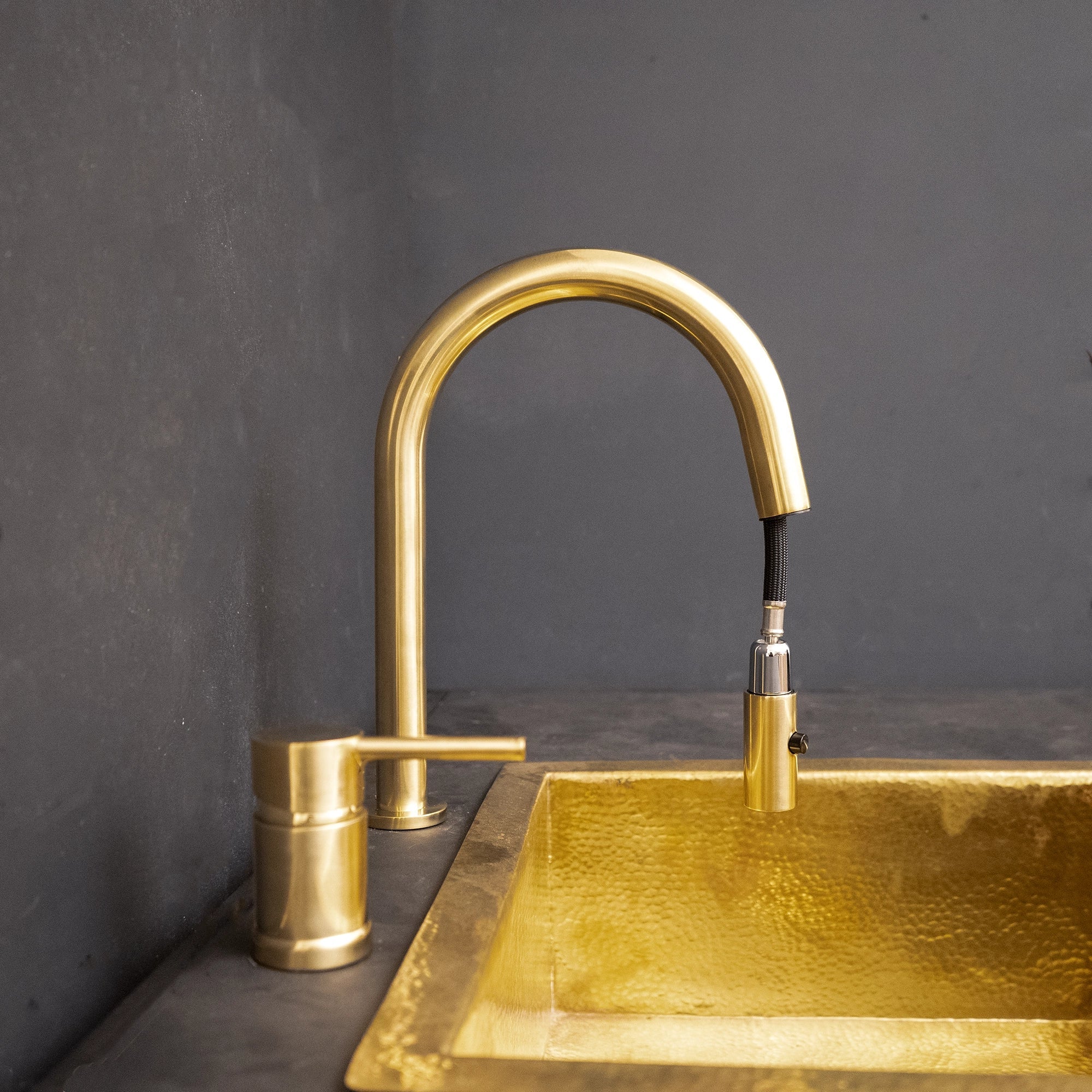 Handcrafted Solid Brass Deck Kitchen Faucet | Brassna Deck Mounted Unlacquered Brass Single Handle Pull-Down Kitchen Faucet