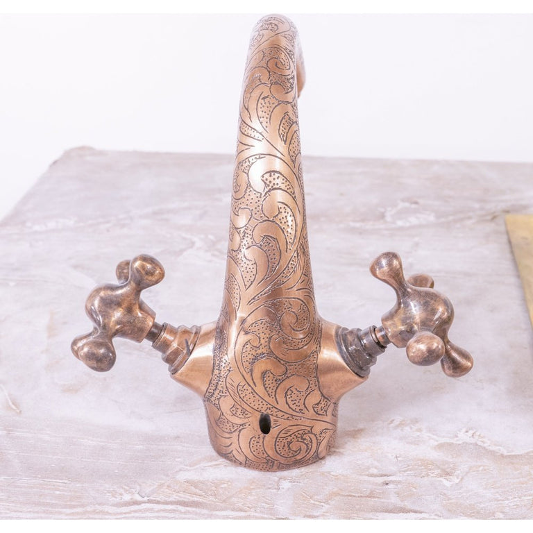 Engraved cooper Bathroom Sink Vanity Faucet, Hancrafted Single Hole Counter Top Faucet Engraved Bathroom Faucet