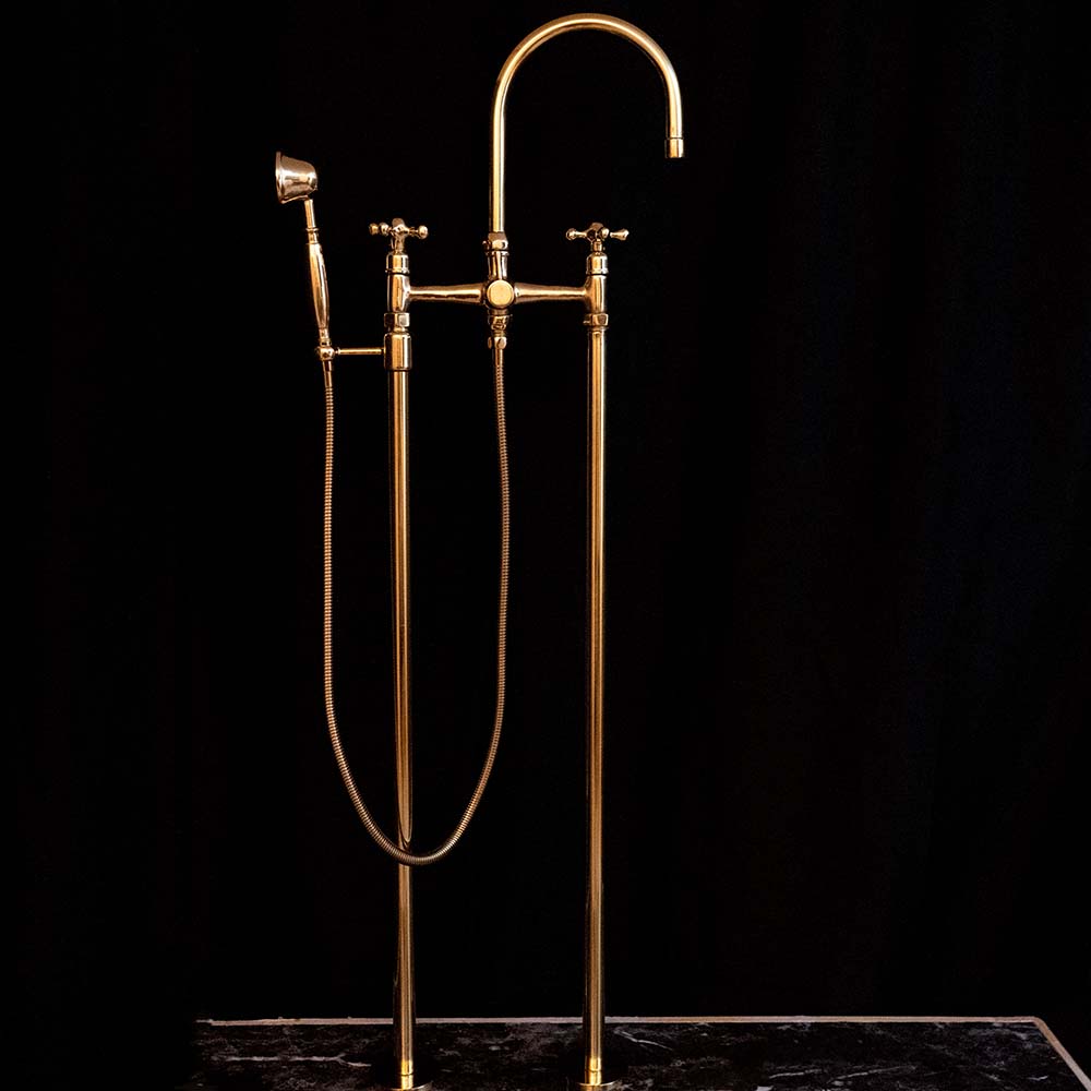 Unlacquered Brass Floor Mounted Tub Filler with Handshower, Natural Brass Freestanding Gooseneck Tub Filler with Handheld Floor Mounted Tub Filler