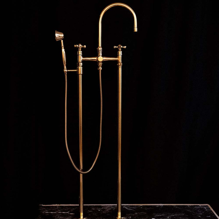Unlacquered Brass Floor Mounted Tub Filler with Handshower, Natural Brass Freestanding Gooseneck Tub Filler with Handheld Floor Mounted Tub Filler