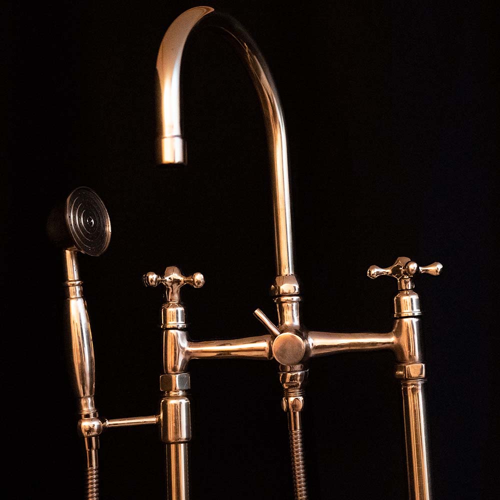Unlacquered Brass Floor Mounted Tub Filler with Handshower, Natural Brass Freestanding Gooseneck Tub Filler with Handheld Floor Mounted Tub Filler