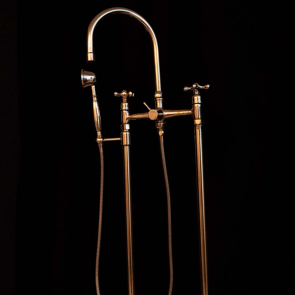 Unlacquered Brass Floor Mounted Tub Filler with Handshower, Natural Brass Freestanding Gooseneck Tub Filler with Handheld Floor Mounted Tub Filler